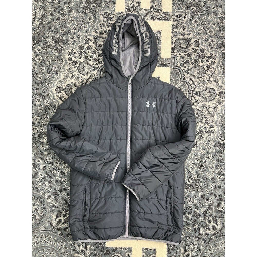 Under Armour Boy's Jacket Black Coldgear Puffer Hooded Full Zipper YMD Loose XL